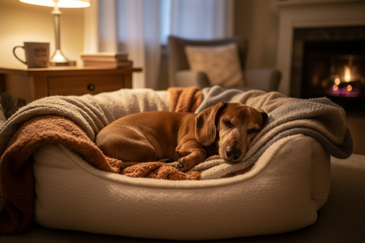 generate an image of a very cute miniature weiner dog peacefully sleeping in a very cozy and comfy bed